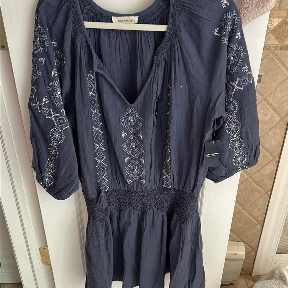 Lucky Brand Blue Embellished 3/4 Sleeve Tunic